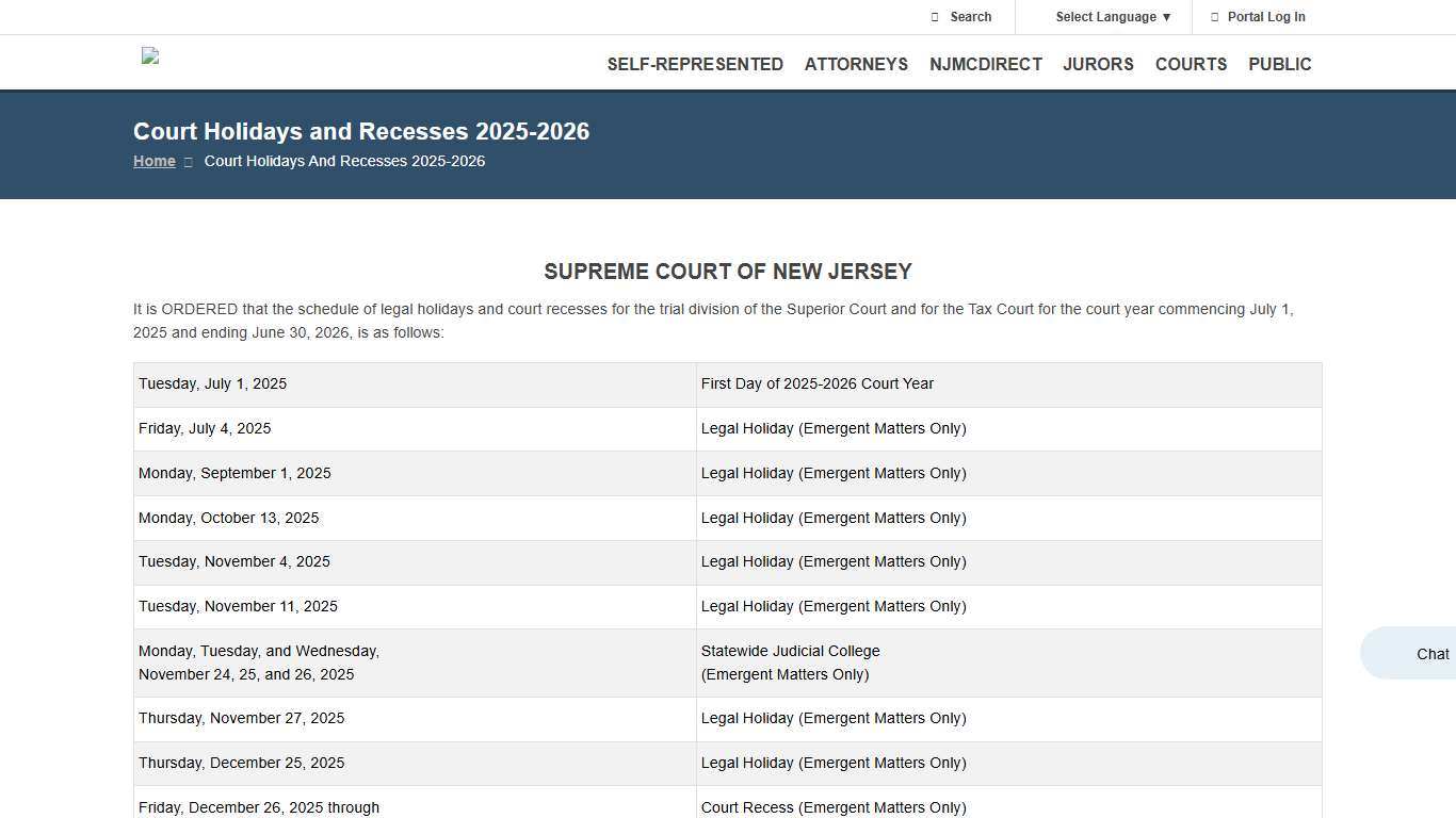 Court Holidays and Recesses 2025-2026 NJ Courts
